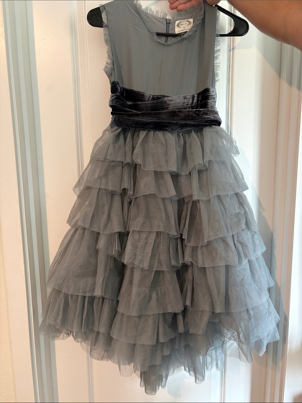 Joyfolie Gray Layered Tulle Skater Dress with Velvet Waistband